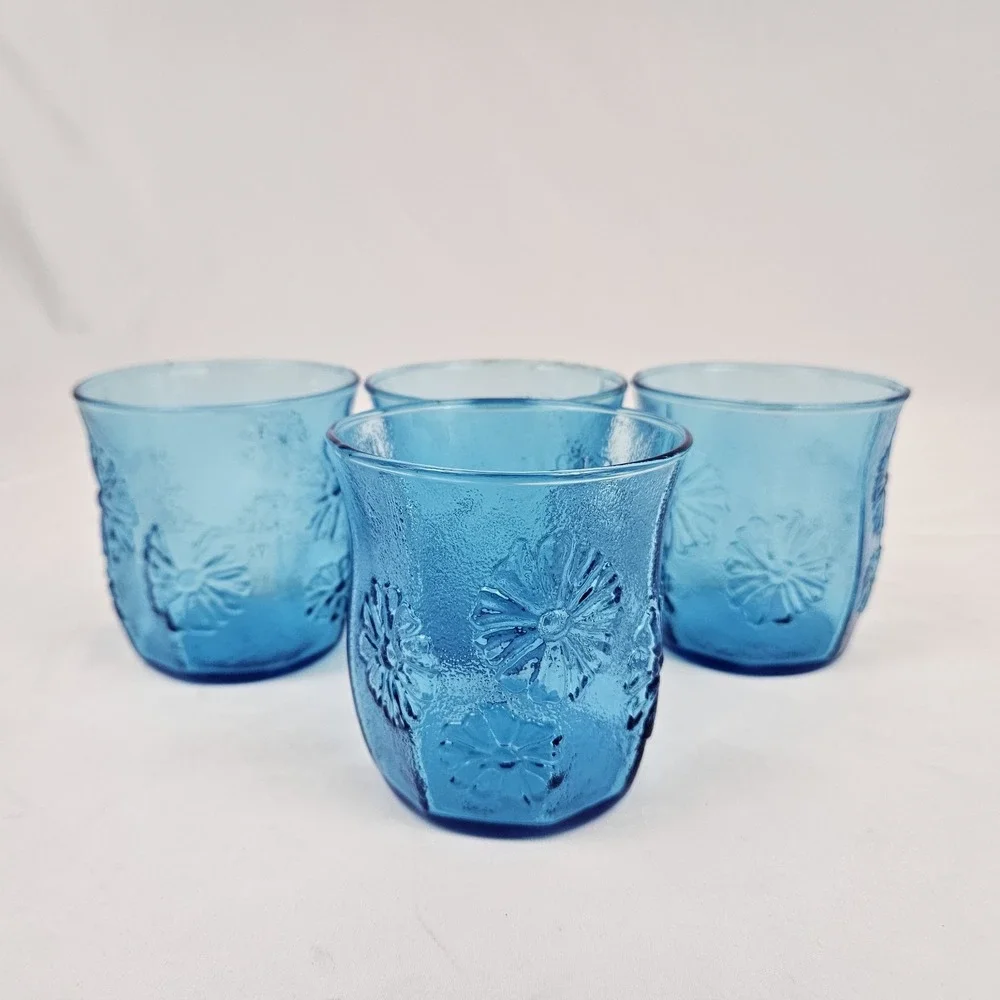 Anchor Hocking Springsong Drinking Glasses Laser Blue Flower 8 oz MCM 4 Piece